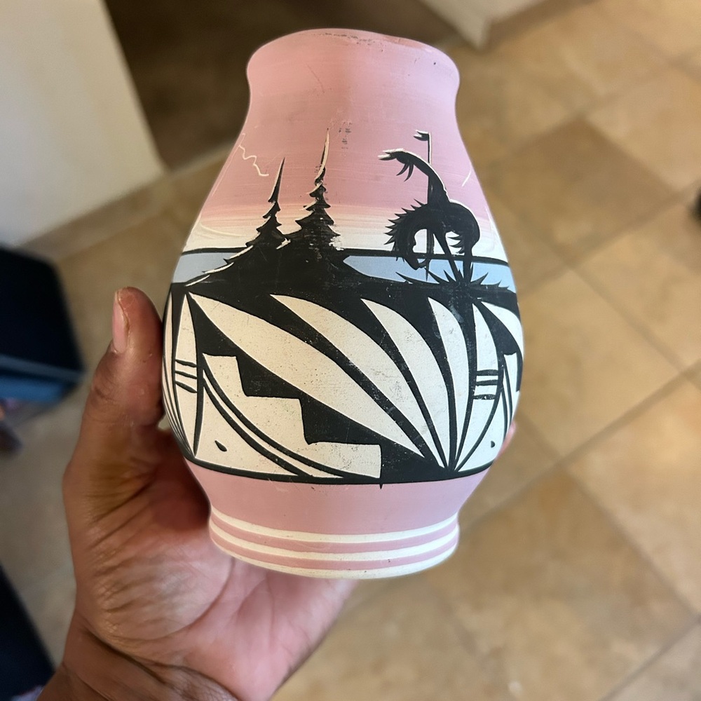 Handcrafted Pink and Black Ceramic Vase - Signed